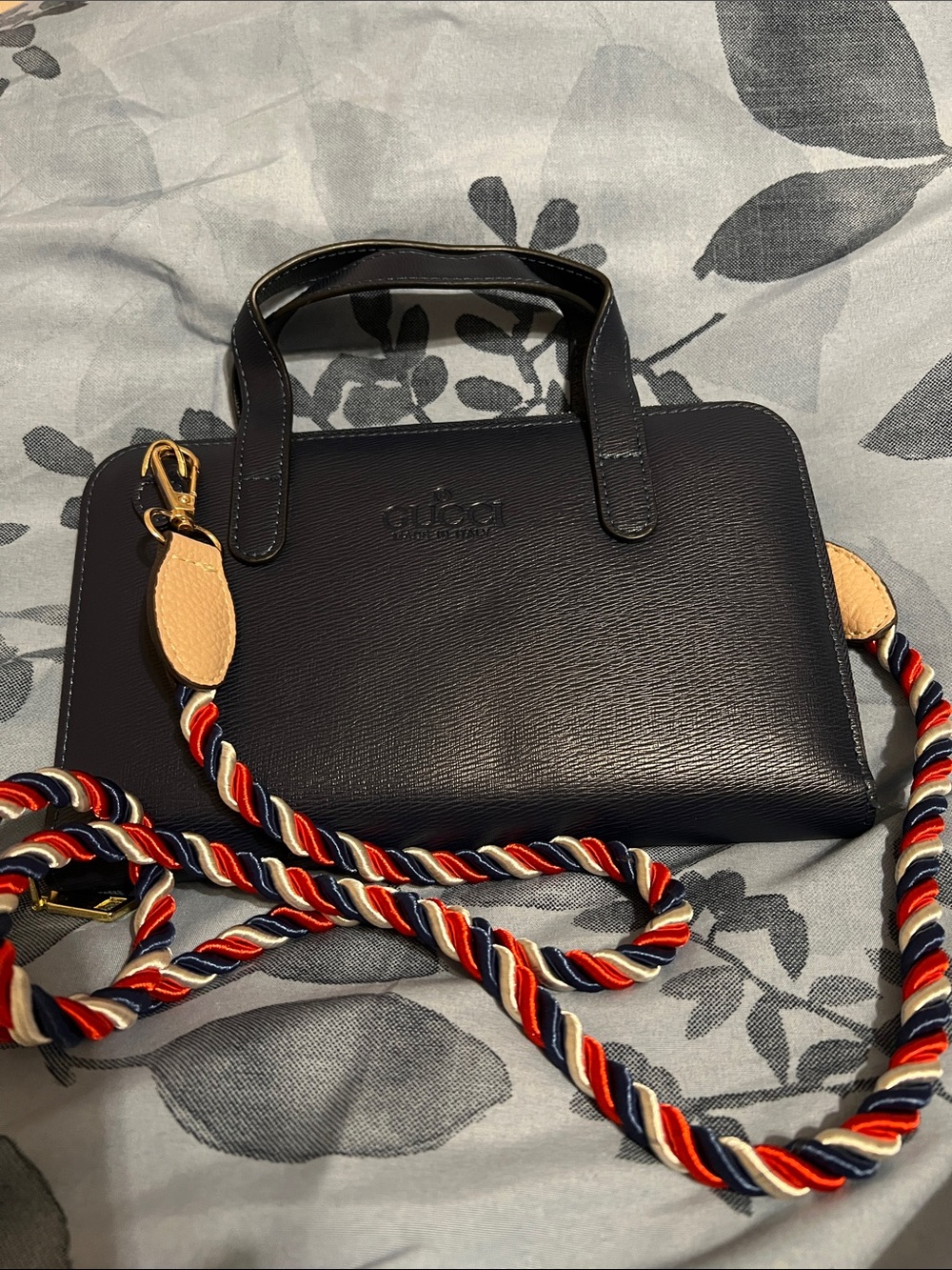 Gucci Navy Blue Leather Satchel with Red-White-Blue Braided Strap